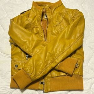 Faux leather, mustard orange, jacket.
